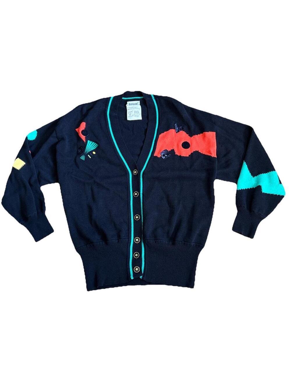 Vintage Horst Basler Women’s Cardigan Sweater Black Abstract Red Sequins Sz 10